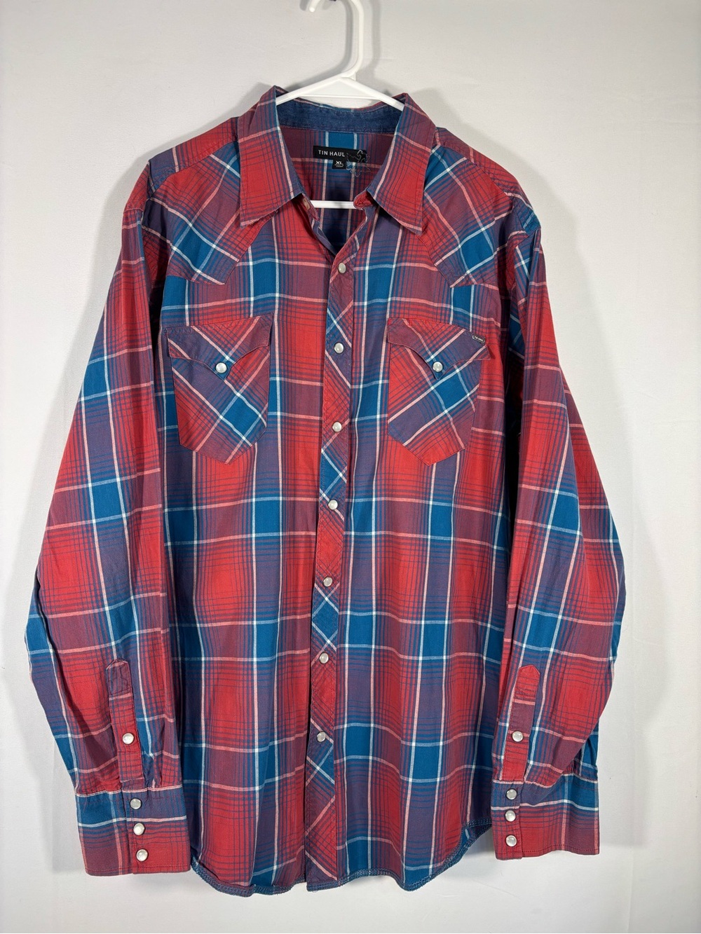 Tin Haul Western Pearl Snap Plaid Shirt Mens Red Blue Cowboy Size XL